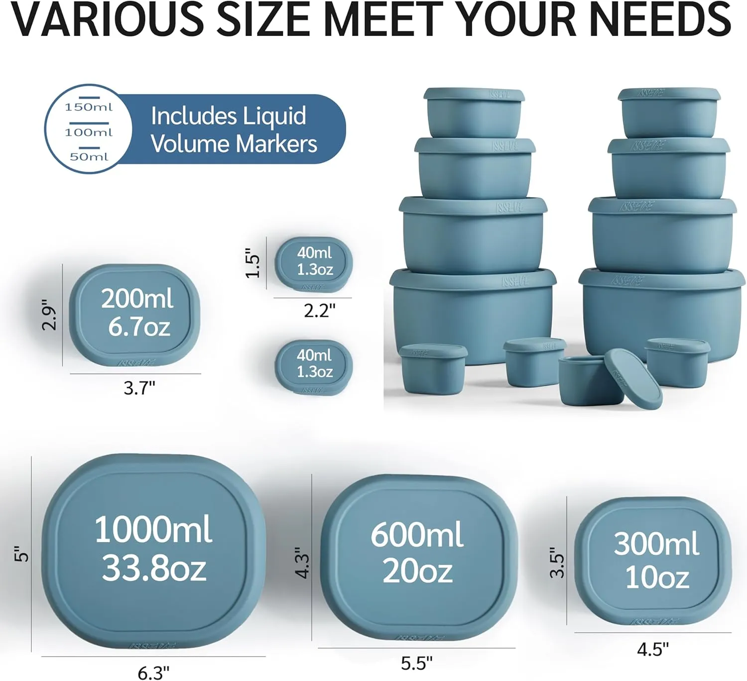 ISSEVE 12Pcs/Set Nesting Silicone Food Storage Containers with Lids, BPA Free Reusable Meal Prep Silicone Containers Airtight, Freezer Dishwasher Safe (33.8oz, 20oz, 10oz, 6.7oz, 1.3oz) (Blue)