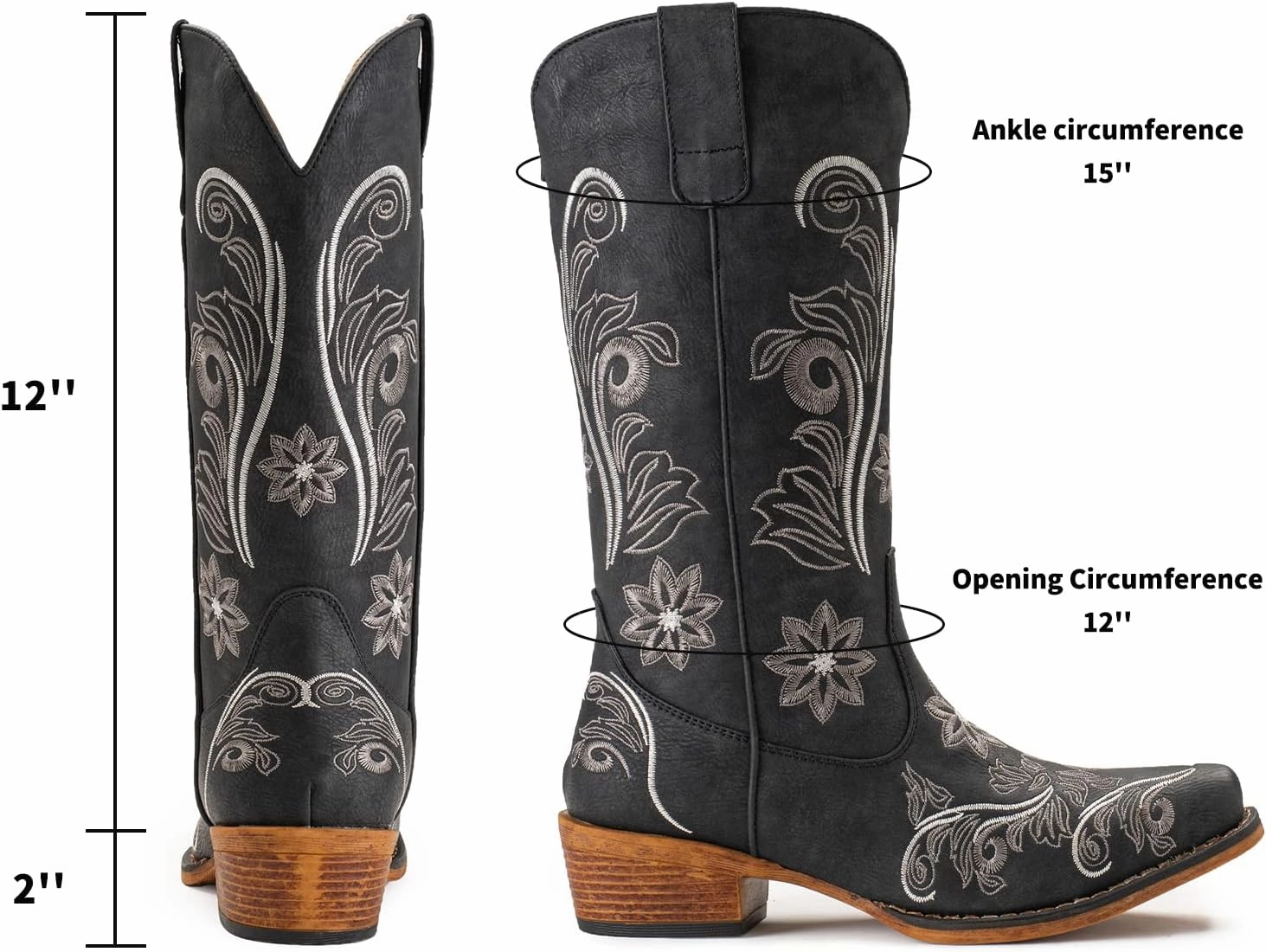IUV Cowboy Boots For Women Mid Calf Cowgirl Boots Embroidered Pull-On Tabs Snip Toe Boot