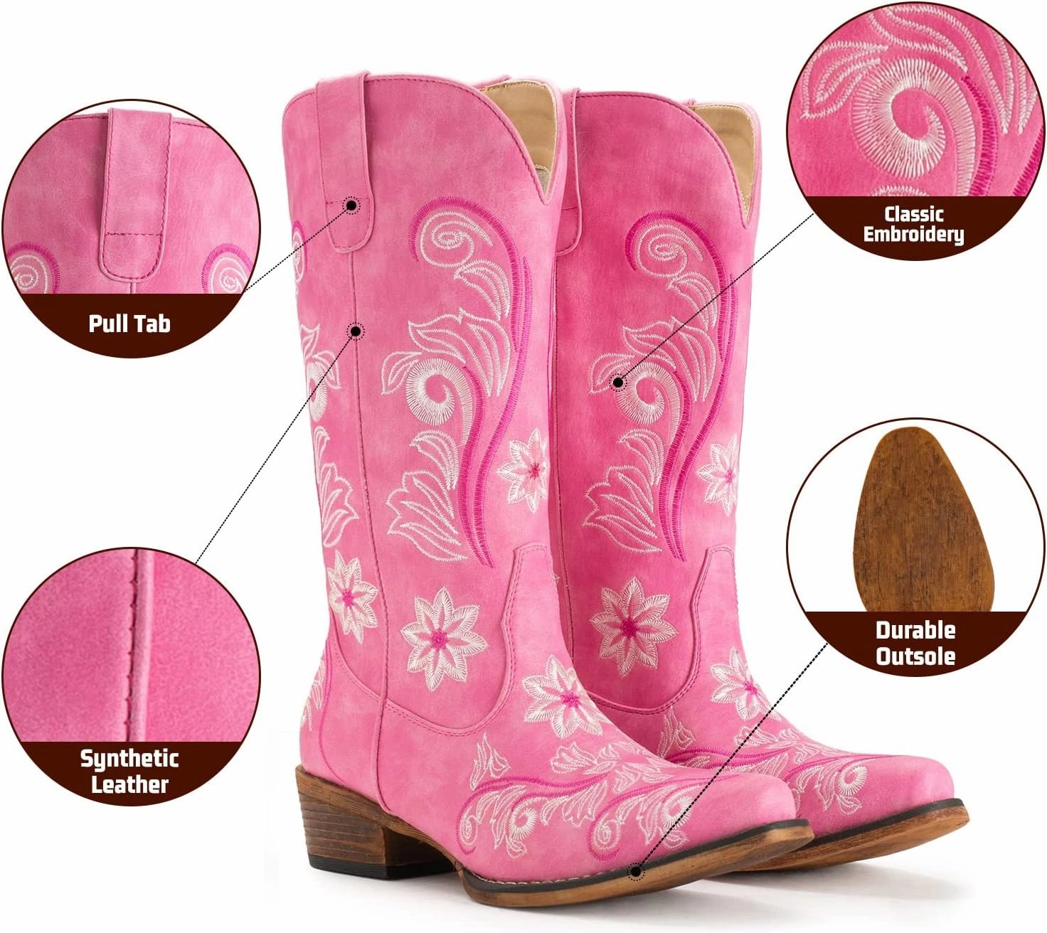IUV Cowboy Boots For Women Mid Calf Cowgirl Boots Embroidered Pull-On Tabs Snip Toe Boot