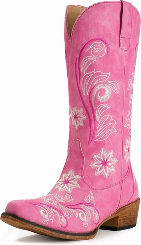 IUV Cowboy Boots For Women Mid Calf Cowgirl Boots Embroidered Pull-On Tabs Snip Toe Boot