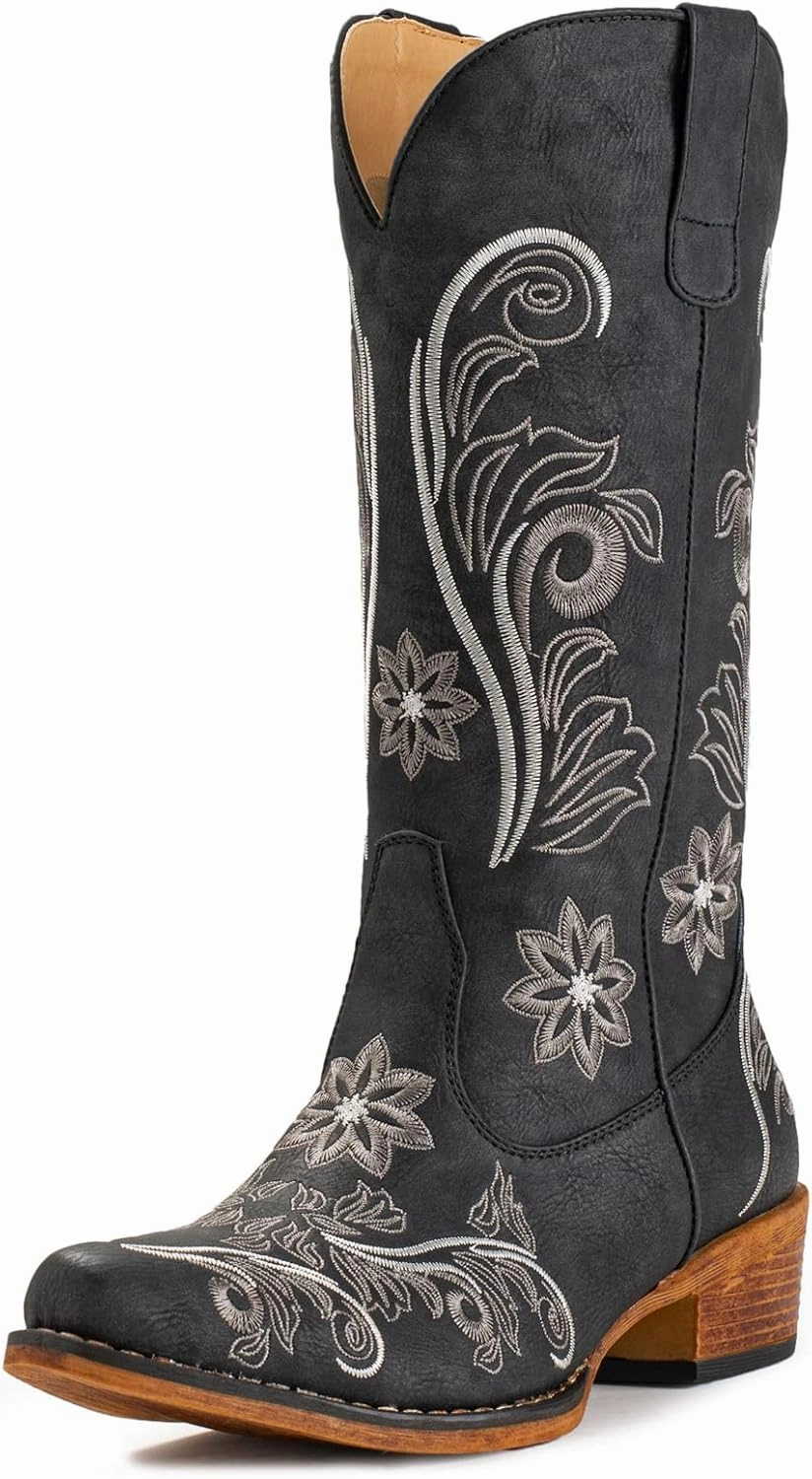 IUV Cowboy Boots For Women Mid Calf Cowgirl Boots Embroidered Pull-On Tabs Snip Toe Boot