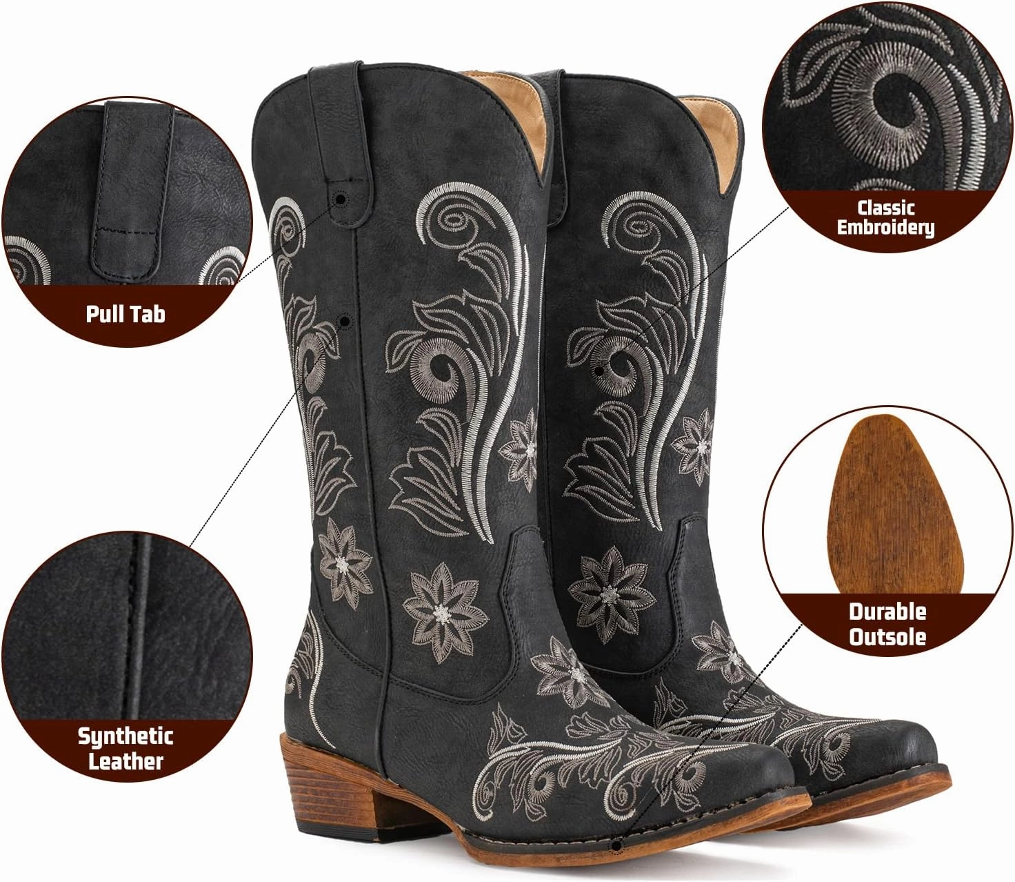 IUV Cowboy Boots For Women Mid Calf Cowgirl Boots Embroidered Pull-On Tabs Snip Toe Boot