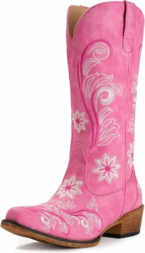 IUV Cowboy Boots For Women Mid Calf Cowgirl Boots Embroidered Pull-On Tabs Snip Toe Boot