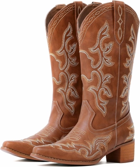 IUV Cowboy Boots For Women Western Boots Cowgirl Classic Fashion Embroidered Pointy Toe Boots