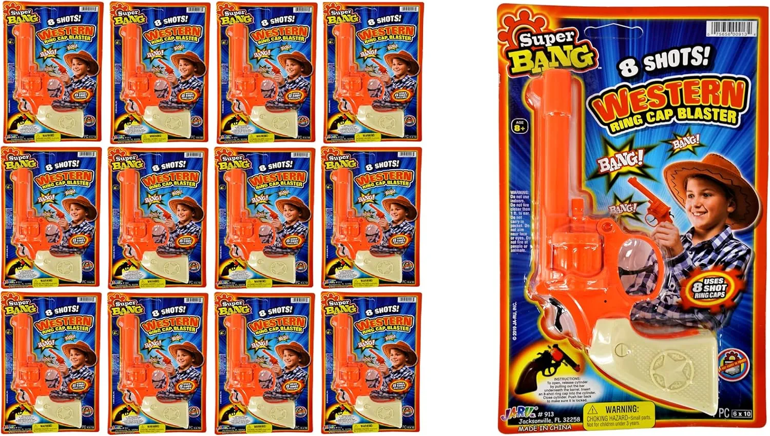 JA-RU Cap Gun Revolver Toy (6 Toy Guns) 8 Shot Ring-Caps Handgun. Fake Gun Toy Pistol for Kids. Halloween Costume & Western Movie Plastic Prop Gun. Shooter Game. 913-12p