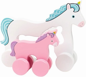 Jack Rabbit Creations Big & Little Unicorn Push Toy 2 in 1 Wooden Roller Animals- Pull STEM Toys for Toddlers Develops Coordination and Fine Motor Skills- Ages 18 Months 