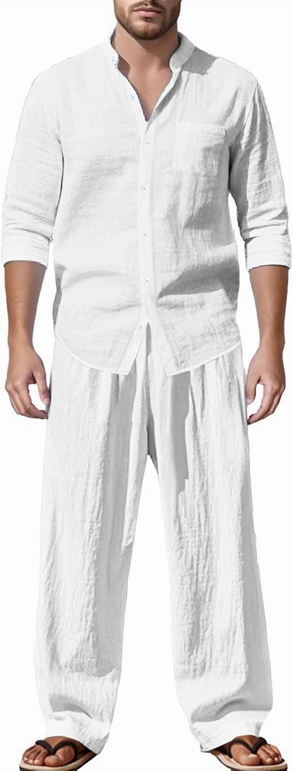 Jacquard Set Men, Summer Knitted Loose Fit Sweatshirt V-Neck Long Sleeve Tops and Drawstring Jogging Pants Suit 2 Piece