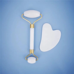 Jade Facial Roller and Gua Sha Set, Natural White Stone, Face Massage Tools