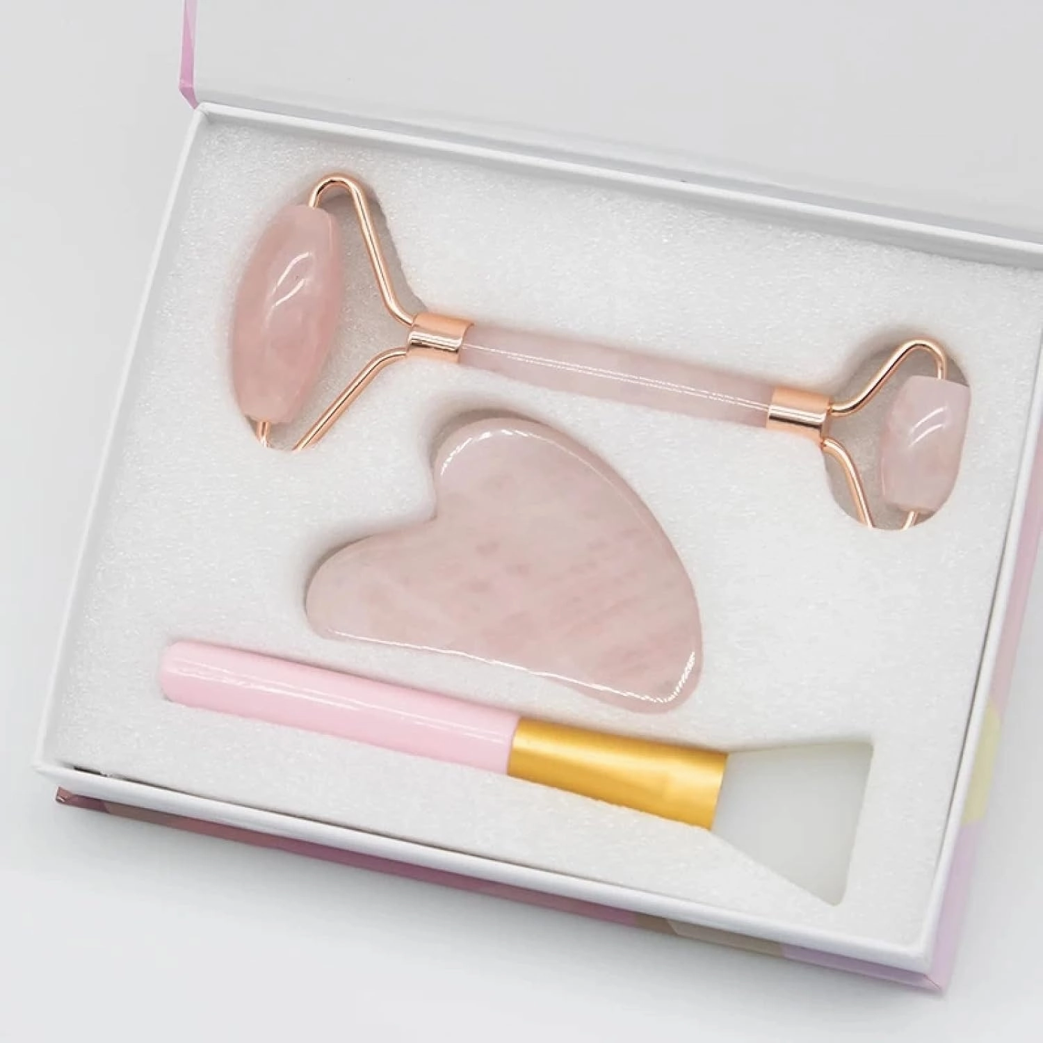 Jade Roller Natural Rose Quartz Gua Sha Set Facial Body Massager Roller Jade Stone Massage Set Face Massage Tools,Set 5