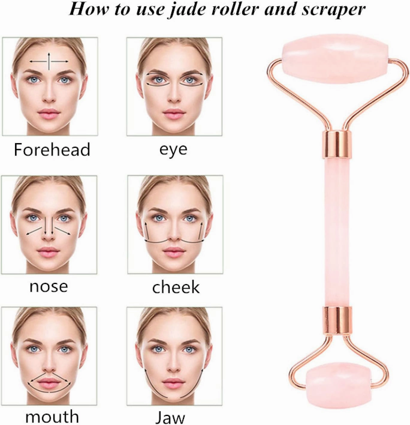 Jade Roller Natural Rose Quartz Gua Sha Set Facial Body Massager Roller Jade Stone Massage Set Face Massage Tools,Set 5