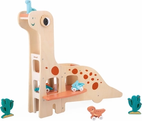 Janod Dino - Wooden Dinosaur Garage - Includes 4 Dino Cars, Elevator, and 2 Accessories - Ages 2-6 Years - J05835