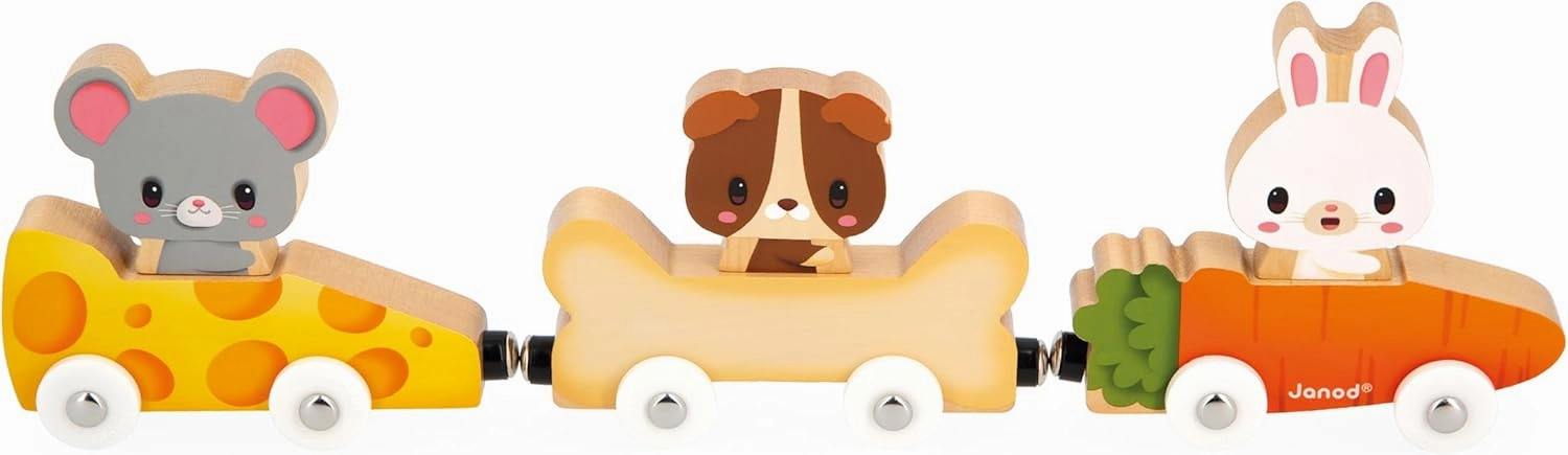 Janod Pets Wooden Animal Car Train Push and Go Playset - Ages 18 Months - 3 Years - J03315