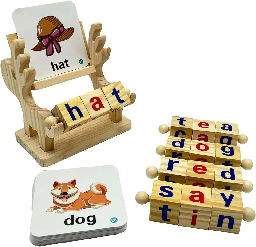 JAQI Wooden Reading Blocks Short Vowel Rods Spelling Games , Flash Cards Turning Rotating Matching Letters Deer Toy for Kids, Montessori Spinning Alphabet Educational Learning Preschool Boys Girls