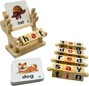 JAQI Wooden Reading Blocks Short Vowel Rods Spelling Games , Flash Cards Turning Rotating Matching Letters Deer Toy for Kids, Montessori Spinning Alphabet Educational Learning Preschool Boys Girls