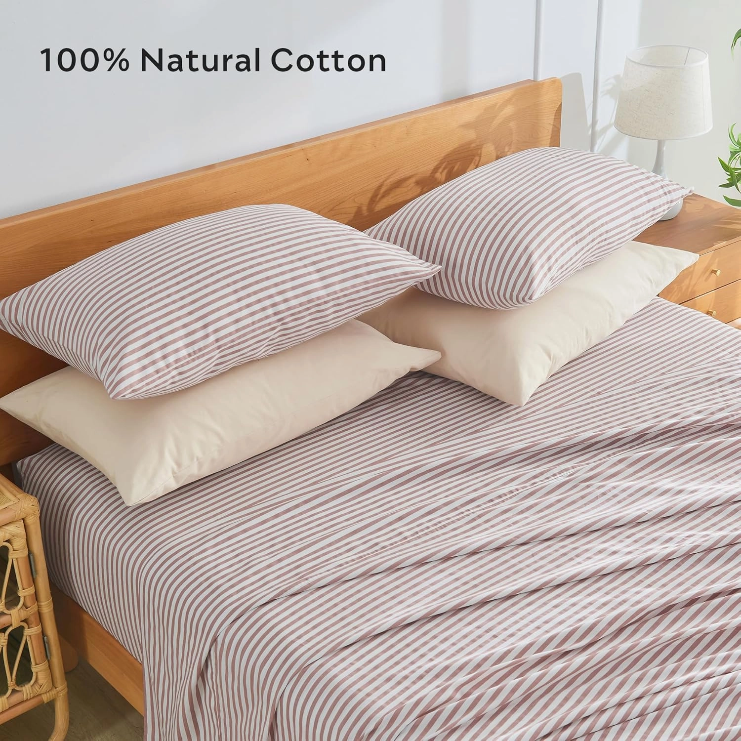JELLYMONI 100% Natural Cotton Striped King Pillowcases Set, 2 Pack White and Pink Stripes Pattern Printed Pillow Covers with Envelope Closure(Pillows are not Included)