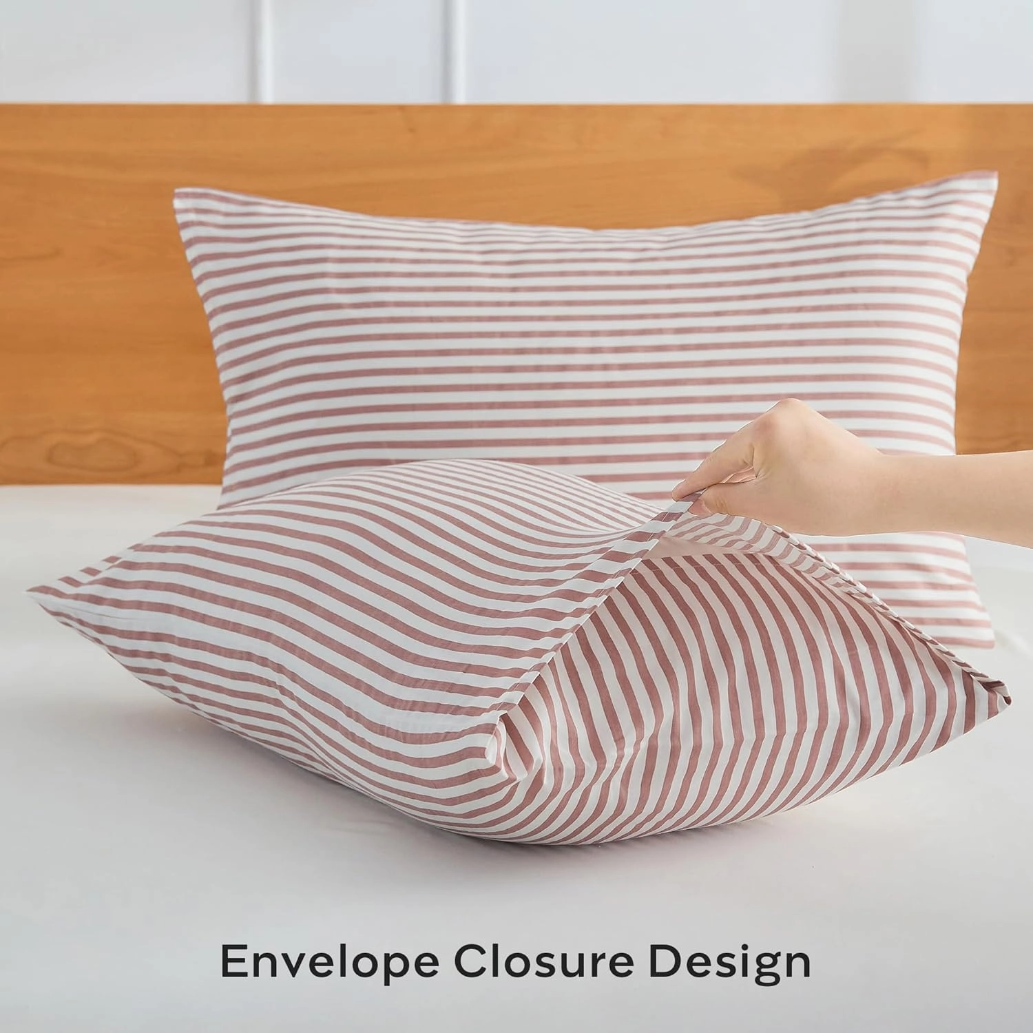 JELLYMONI 100% Natural Cotton Striped King Pillowcases Set, 2 Pack White and Pink Stripes Pattern Printed Pillow Covers with Envelope Closure(Pillows are not Included)