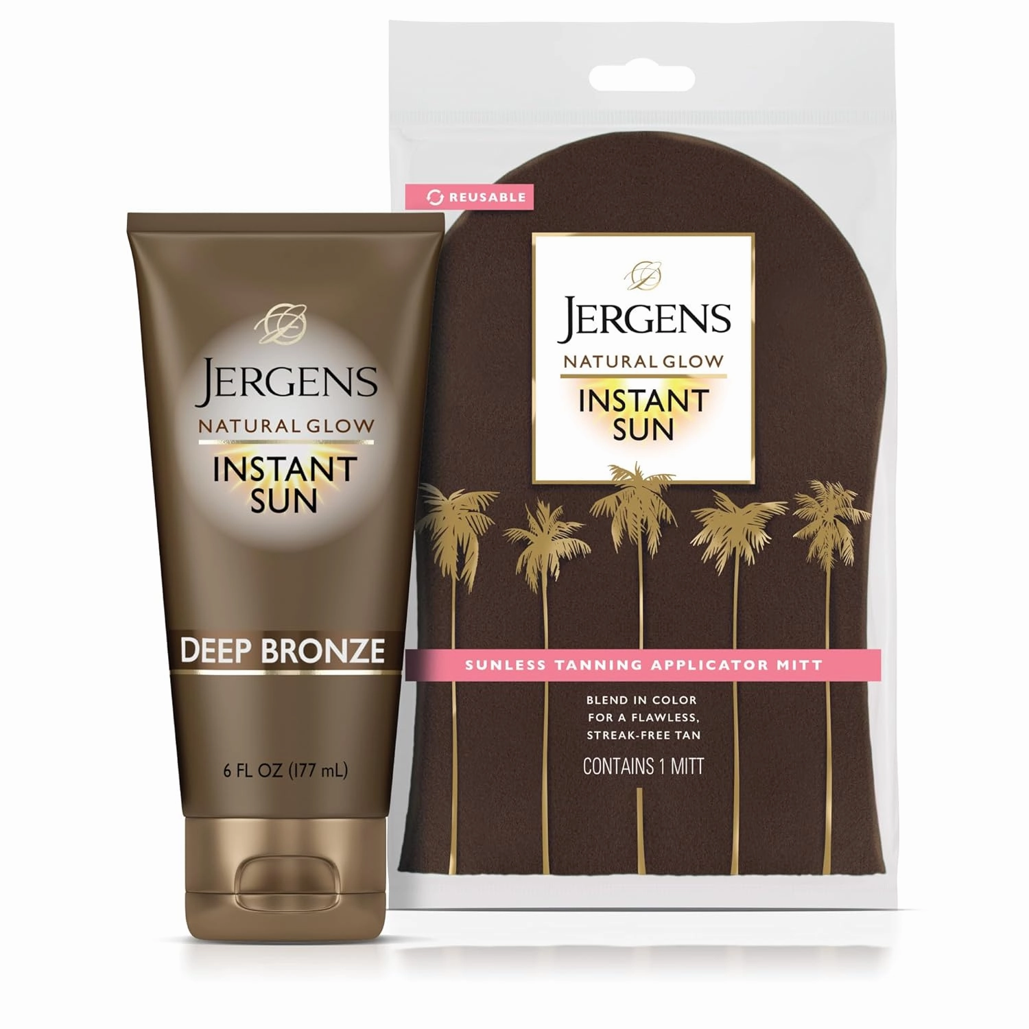 Jergens Natural Glow Instant Sun Bundle: Deep Bronze Sunless Tanning Moisturizer   Bronzing Lotion, 6oz Bottle and Applicator Mitt