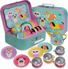 Jewelkeeper Toddler Toys Tea Set for Little Girls - 15 Pcs Tin Tea Set for Kids Tea Time Includes Teapot, 4 Tea Cup and Saucers Set and 4 Snack Plates, Dogs Tea Party Set with Carrying Case Green