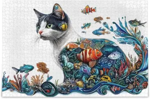 Jigsaw Puzzle Abstract Cat Fish for Adults 500 Pieces, Impossible Challenging Hard Nature Difficult Puzzles for Adults Jigsaw Puzzle for Family Games Party Entertainment