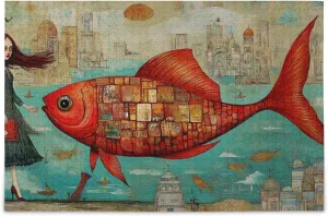 Jigsaw Puzzle for Adults 500 Pieces, Art Woman Fish Abstract Challenging Puzzle for Party Entertainment, Family Games