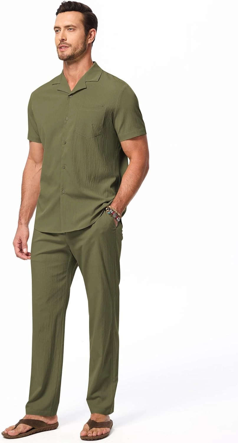 JMIERR Men 2 Piece Beach Vacation Outfit Pants Set Summer Cool Short Sleeve Casual Shirts