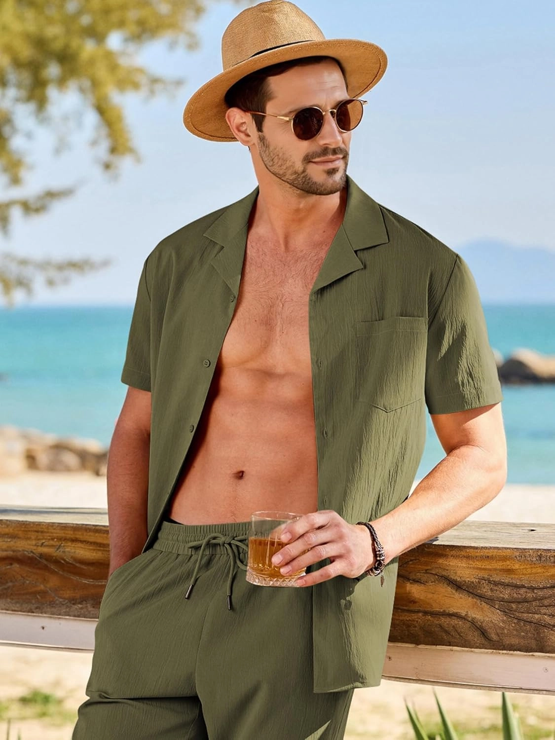 JMIERR Men 2 Piece Beach Vacation Outfit Pants Set Summer Cool Short Sleeve Casual Shirts