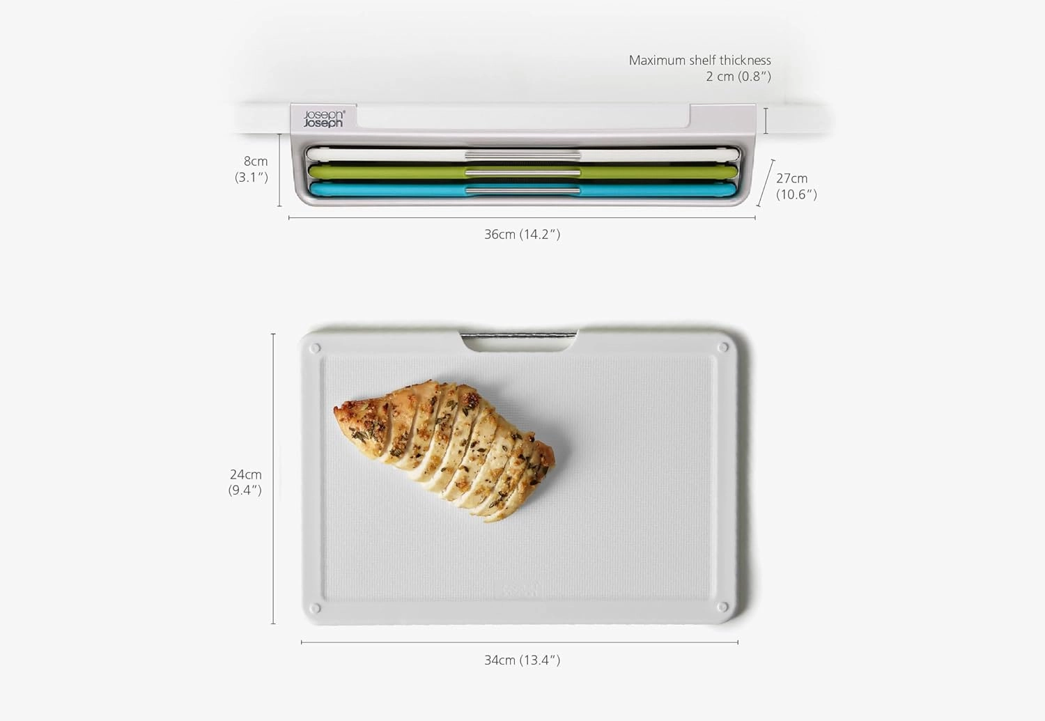 Joseph Joseph Folio Slim 3-piece Under-shelf Kitchen Cutting Board Set, Cupboard storage, fits shelves up to 0.8" thick, Large (14.2" wide)