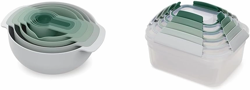 Joseph Joseph Nest 9 Plus Food Preparation Set (Sage Green) and Nest Lock 5-Piece Food Storage Container Set (Sage Green)