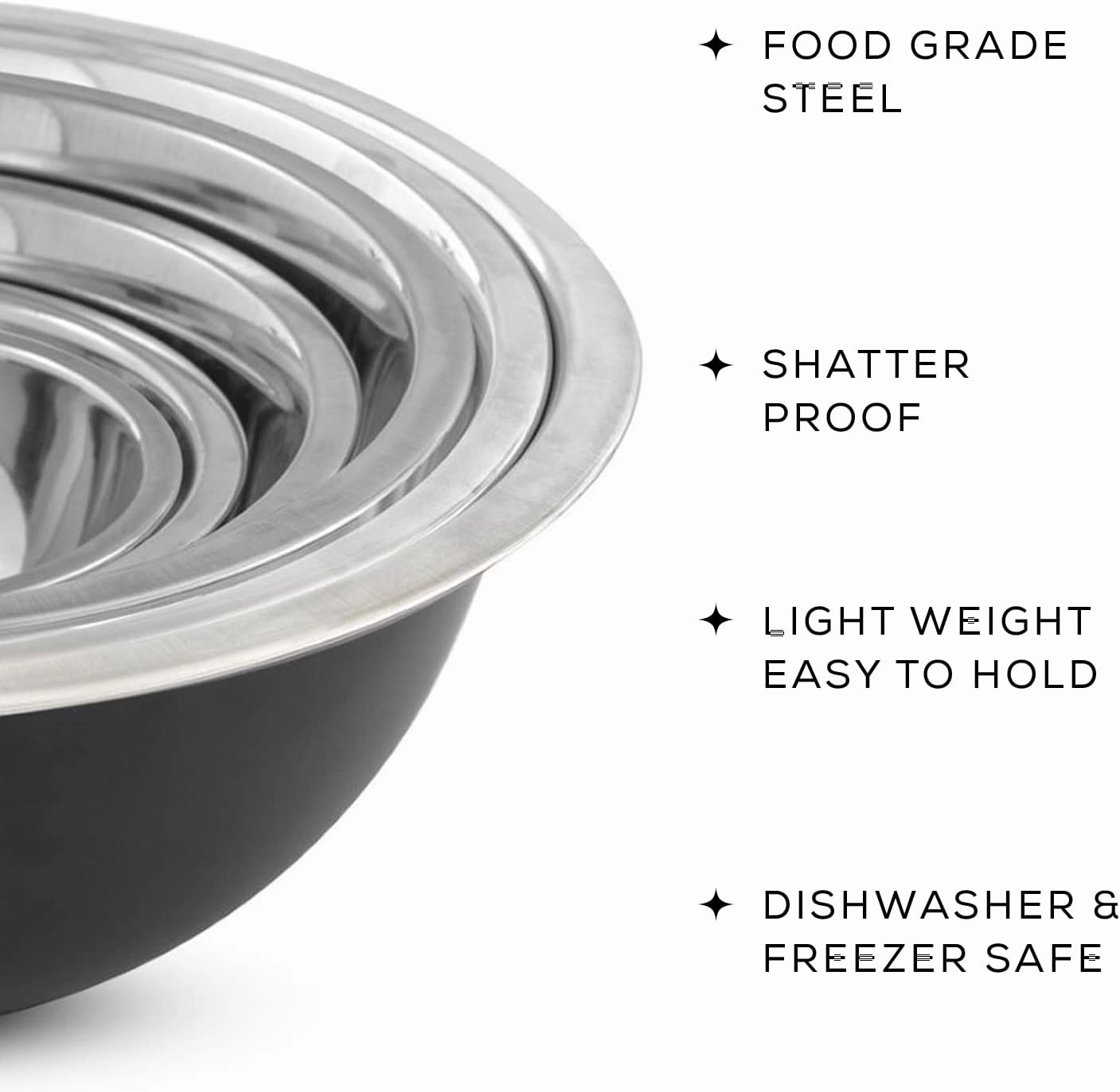 JoyJolt Stainless Steel Mixing Bowl Set - 6 Piece Nesting Bowls, 5qt to 0.5qt, Black, Perfect for Dough, Batter & Baking