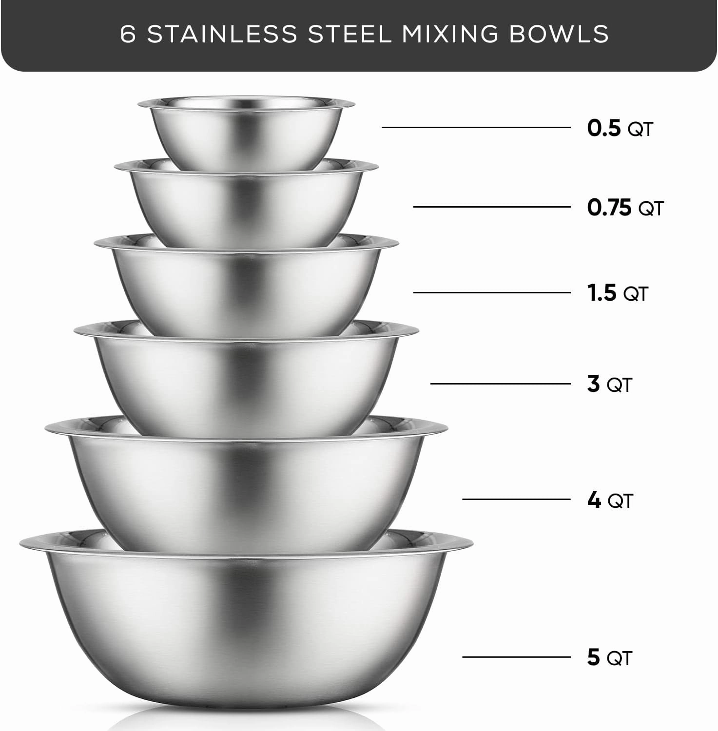 JoyJolt Stainless Steel Mixing Bowl Set - 6 Piece Nesting Bowls, 5qt to 0.5qt, Ideal for Kitchen, Cooking, Baking and Storage