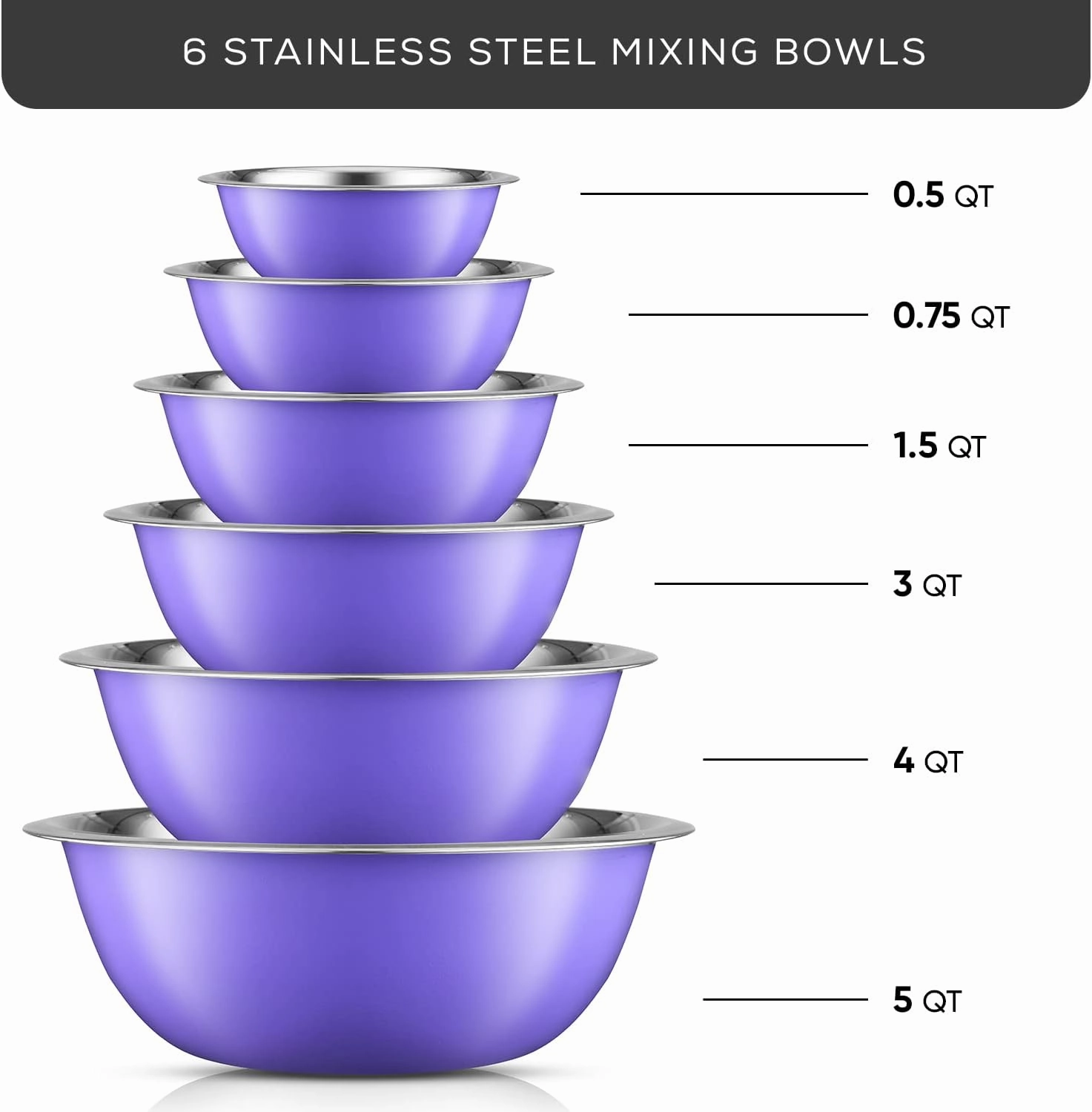 JoyJolt Stainless Steel Mixing Bowl Set of 6-5qt to 0.5qt Nesting Bowls for Dough, Batter & Baking