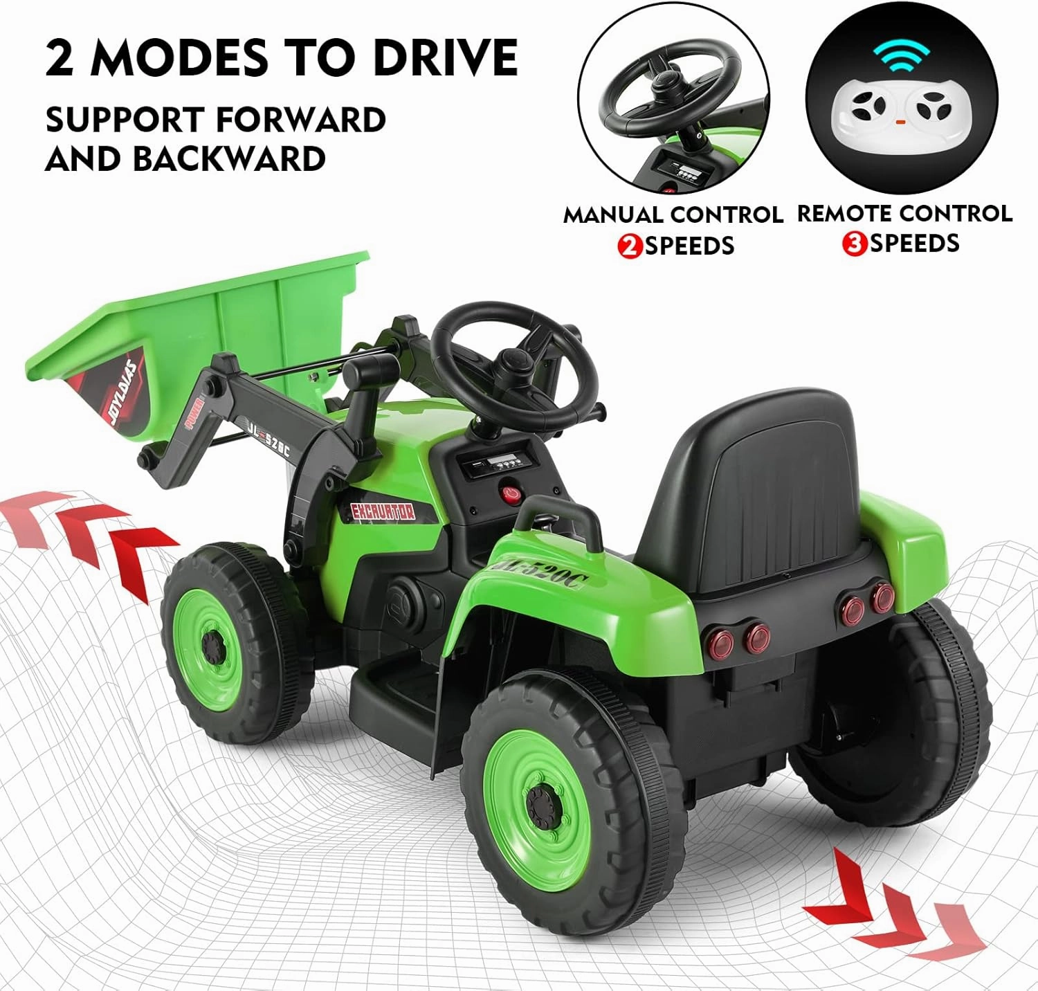 JOYLDIAS Ride On Excavator, 12V7AH Electric Car for Kids 3-8 W/2.4GHz Remote Control, Electric Construction Vehicle Bulldozer/Tractor for Kids Digger with 3 Speeds,Bluetooth,Music,Lights,Green