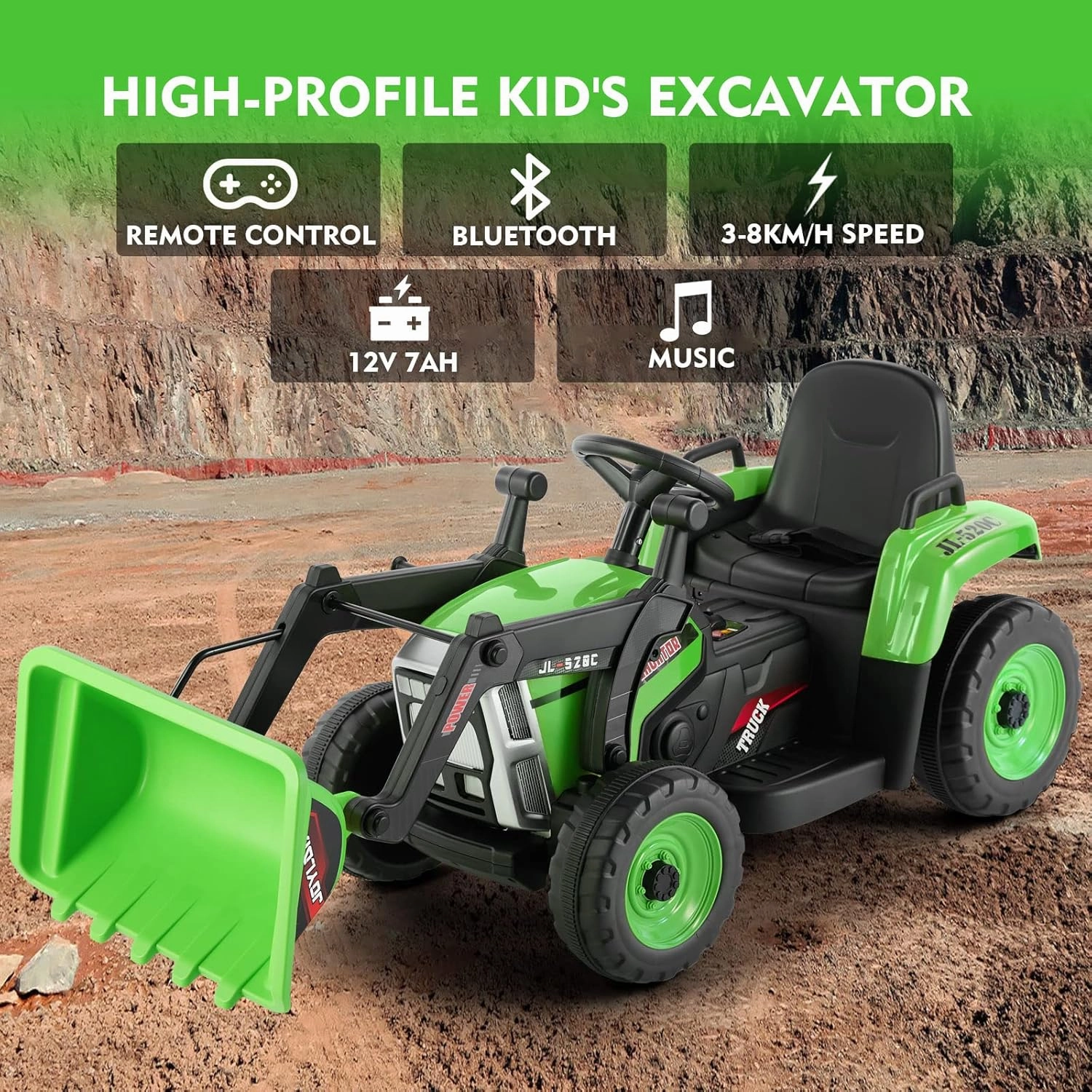 JOYLDIAS Ride On Excavator, 12V7AH Electric Car for Kids 3-8 W/2.4GHz Remote Control, Electric Construction Vehicle Bulldozer/Tractor for Kids Digger with 3 Speeds,Bluetooth,Music,Lights,Green