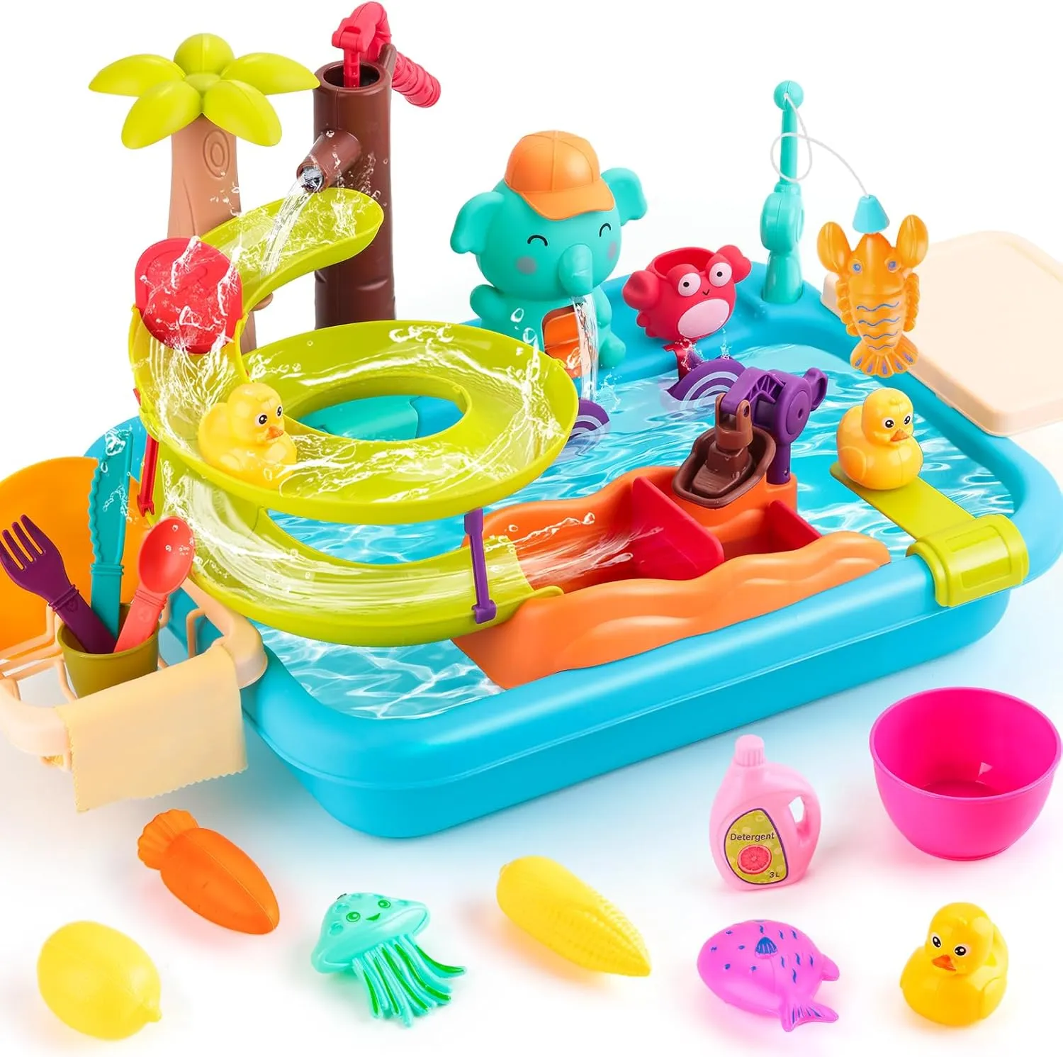 Juboury Play Sink with Running Water, Kitchen Sink Toys with Manual Faucet, Unique Water Slide Track, Pool Floating Magnetic Fishing Toys, Pretend Play Kitchen Accessories for Kids Girls Boys Toddlers