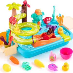Juboury Play Sink with Running Water, Kitchen Sink Toys with Manual Faucet, Unique Water Slide Track, Pool Floating Magnetic Fishing Toys, Pretend Play Kitchen Accessories for Kids Girls Boys Toddlers