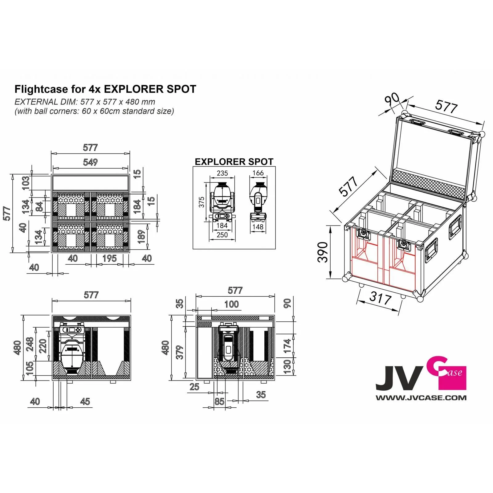 JV CASE Case For 4x Explorer Spot LED Moving Head