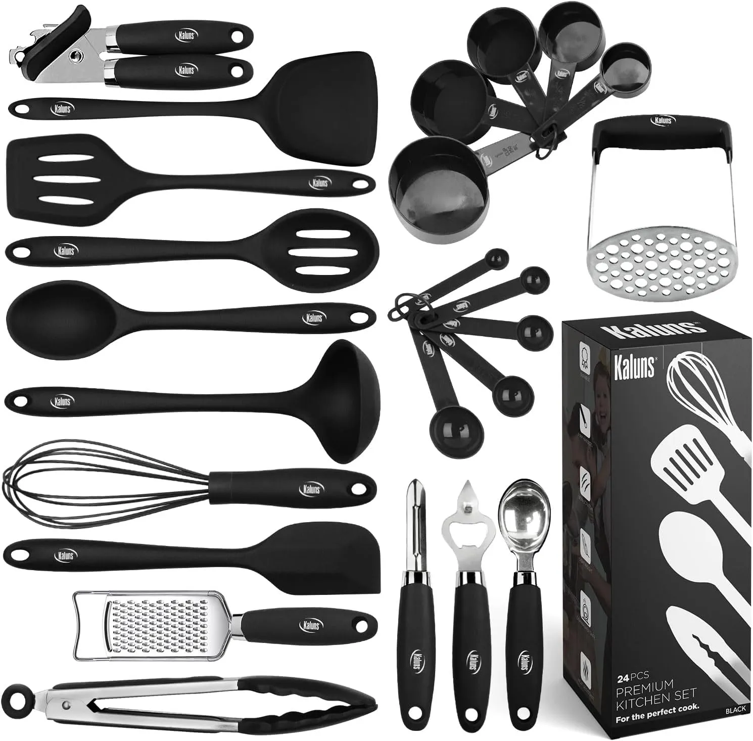 Kaluns Silicone Kitchen Utensils Set 24 Pcs Silicone Cooking Utensils Set - Can Opener, Masher, Turner, Spatula 446°F Heat Resistant Non-Stick - Premium Silicone and Stainless Steel Utensil Set