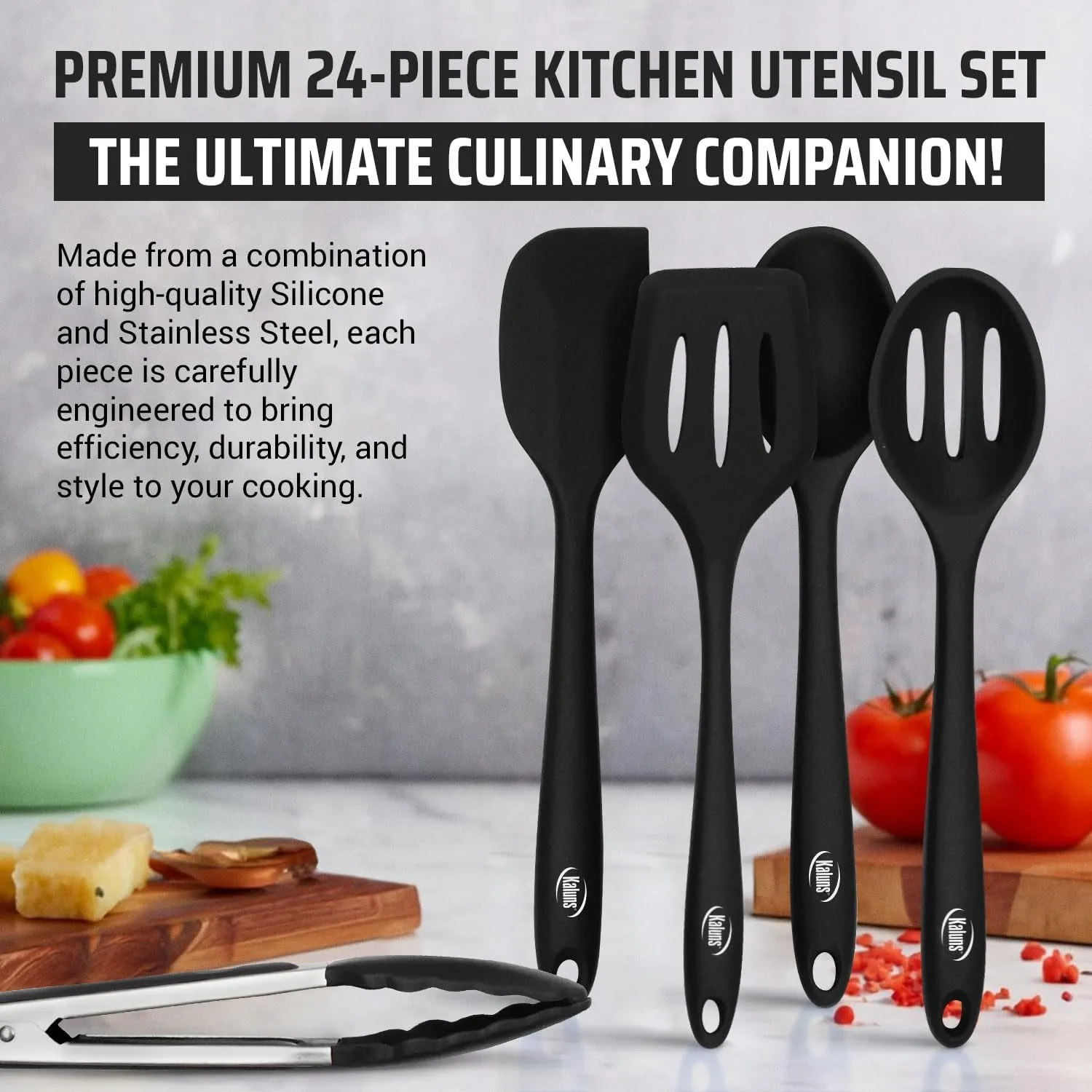 Kaluns Silicone Kitchen Utensils Set 24 Pcs Silicone Cooking Utensils Set - Can Opener, Masher, Turner, Spatula 446°F Heat Resistant Non-Stick - Premium Silicone and Stainless Steel Utensil Set