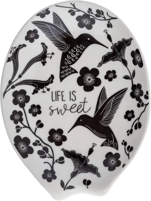 Karma, Boho Spoon Rest, Black and White Ceramic Spoon Rest, Ceramic Spoon Rest for Countertop, Hummingbird