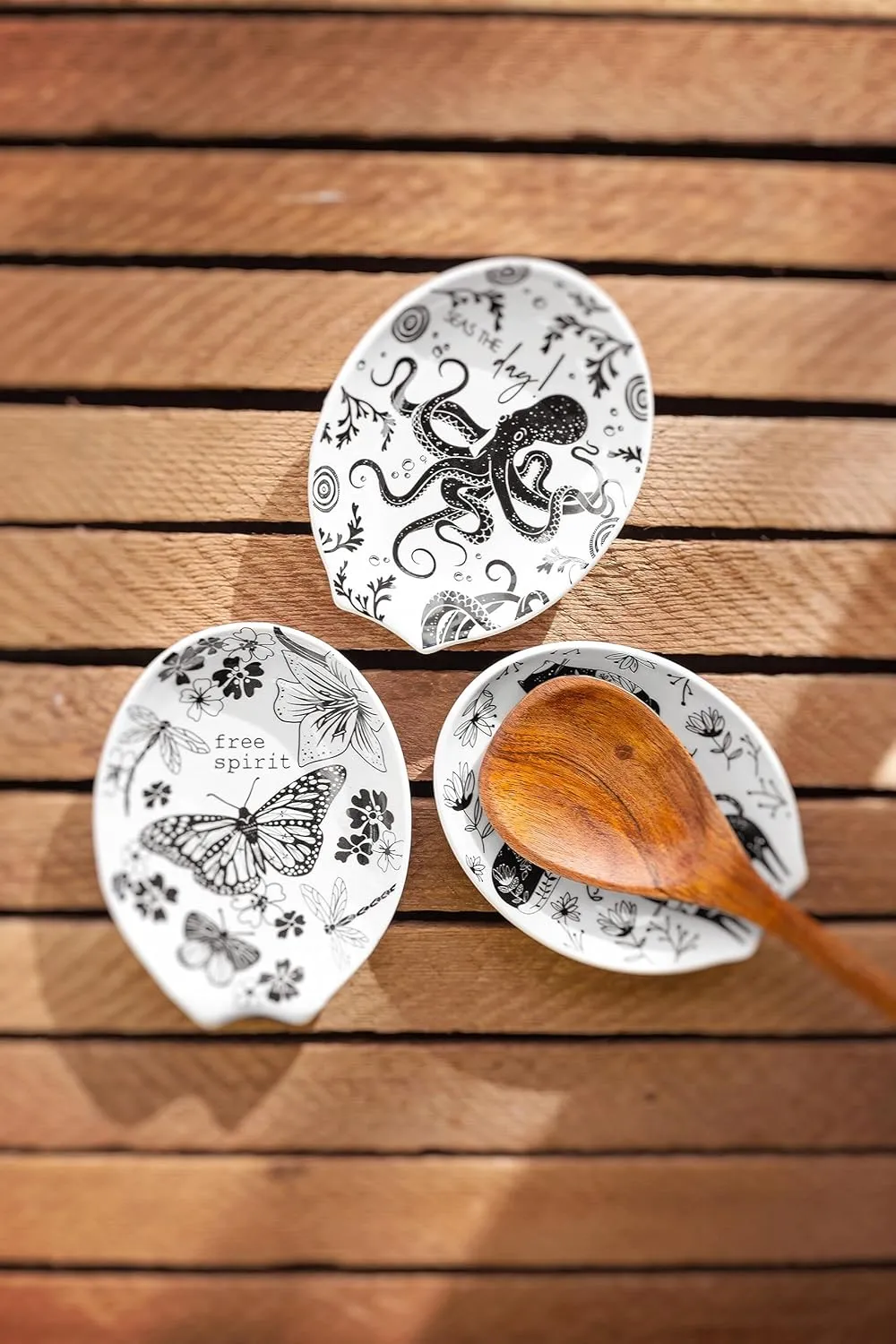 Karma, Boho Spoon Rest, Black and White Ceramic Spoon Rest, Ceramic Spoon Rest for Countertop, Hummingbird