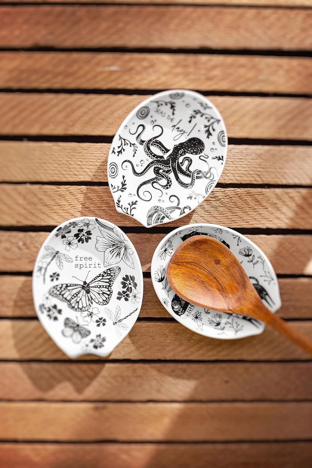 Karma, Boho Spoon Rest, Black and White Ceramic Spoon Rest, Ceramic Spoon Rest for Countertop, Hummingbird