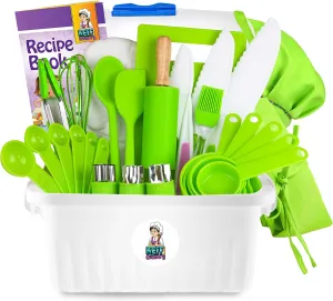 KEFF Real Kids Kitchen Set for Cooking & Baking with Recpie Book - Kids Knife Set for Real Cooking, Montessori Kitchen Tools for Toddlers - Real Utensils with Kids Cutting Board and Knife Set BPA-Free