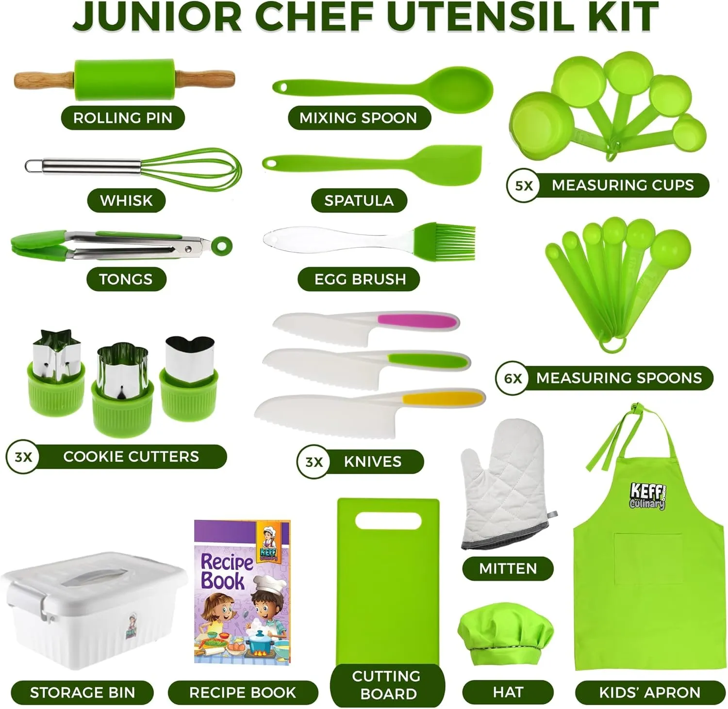 KEFF Real Kids Kitchen Set for Cooking & Baking with Recpie Book - Kids Knife Set for Real Cooking, Montessori Kitchen Tools for Toddlers - Real Utensils with Kids Cutting Board and Knife Set BPA-Free