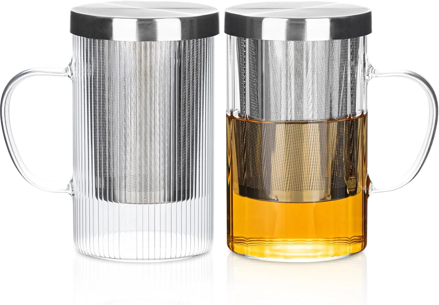 KEMORELA 2PCS Striped Glass Tea Cups with Infuser & Lid, 20 oz - Fine & Thick Ribbed Teacups for Loose Leaf Tea, Dishwasher Safe