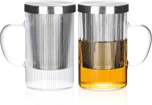 KEMORELA 2PCS Striped Glass Tea Cups with Infuser & Lid, 20 oz - Fine & Thick Ribbed Teacups for Loose Leaf Tea, Dishwasher Safe