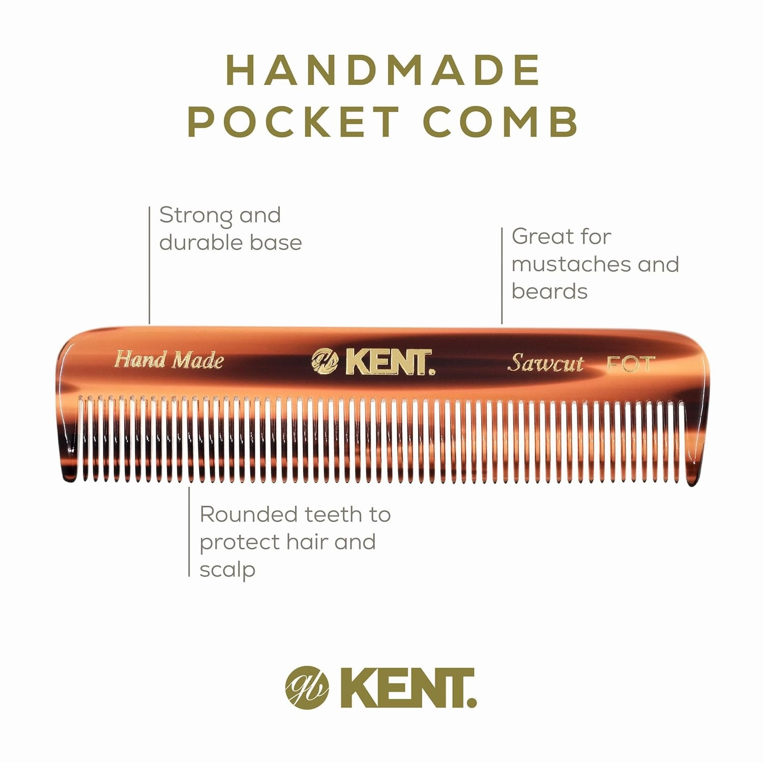 Kent FOT Handmade Fine Tooth Saw Cut Comb - Pocket Travel Styling Comb for Thinning Hair and Beards