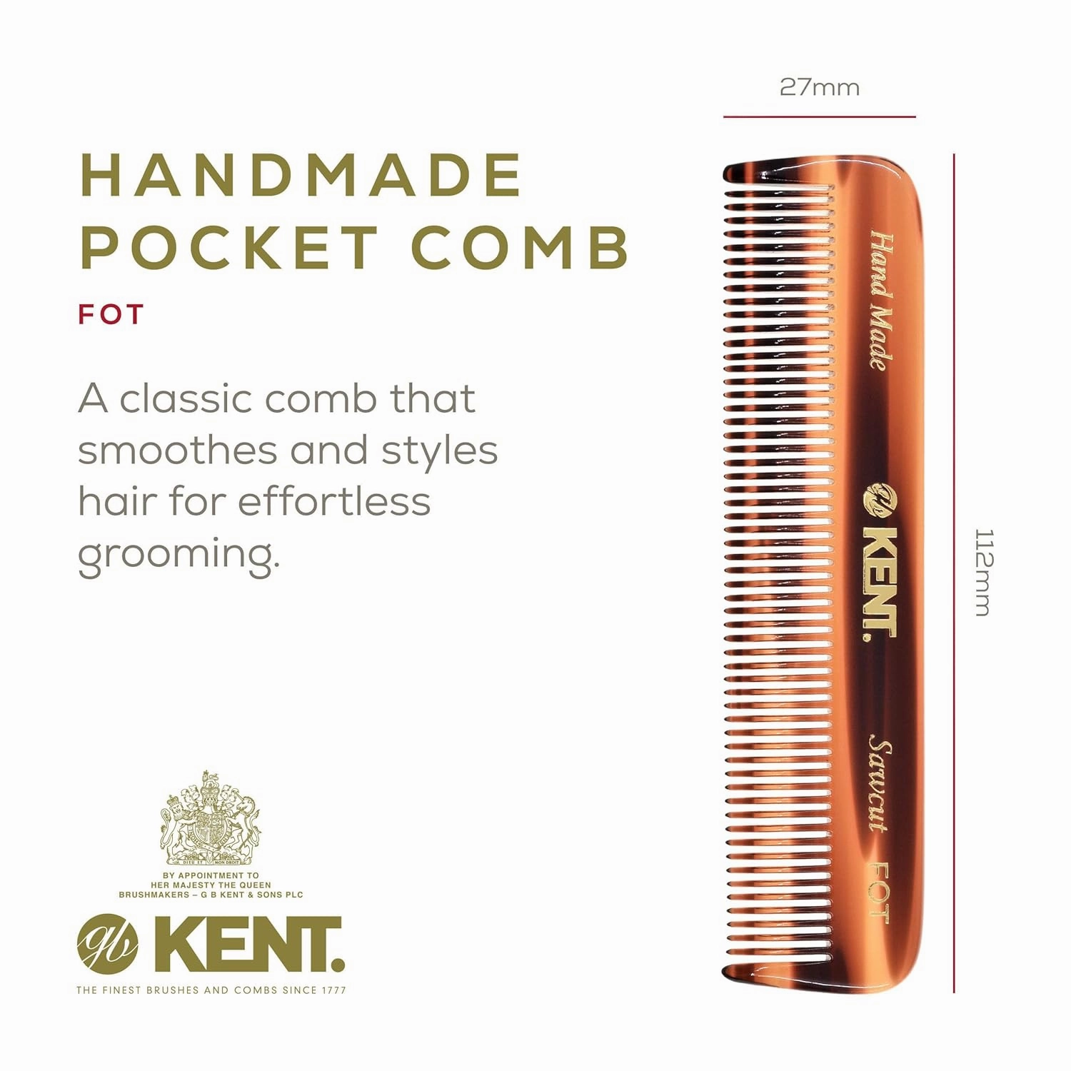 Kent FOT Handmade Fine Tooth Saw Cut Comb - Pocket Travel Styling Comb for Thinning Hair and Beards