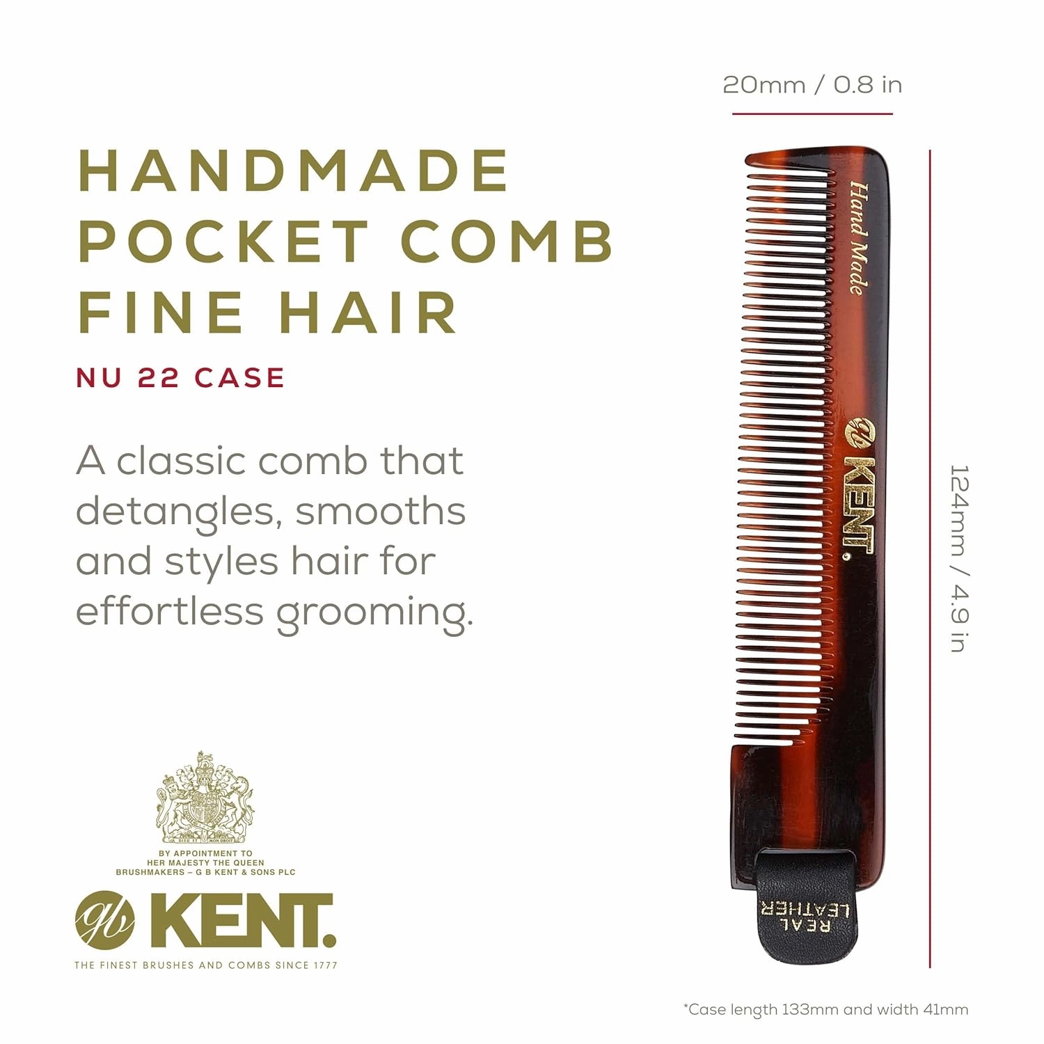 Kent NU22 Handmade Pocket Comb for Men, All Fine Tooth Hair Comb Straightener for Everyday Grooming Styling Hair, Beard and Mustache, Use Dry or with Balms, Saw Cut and Hand Polished, Made in England
