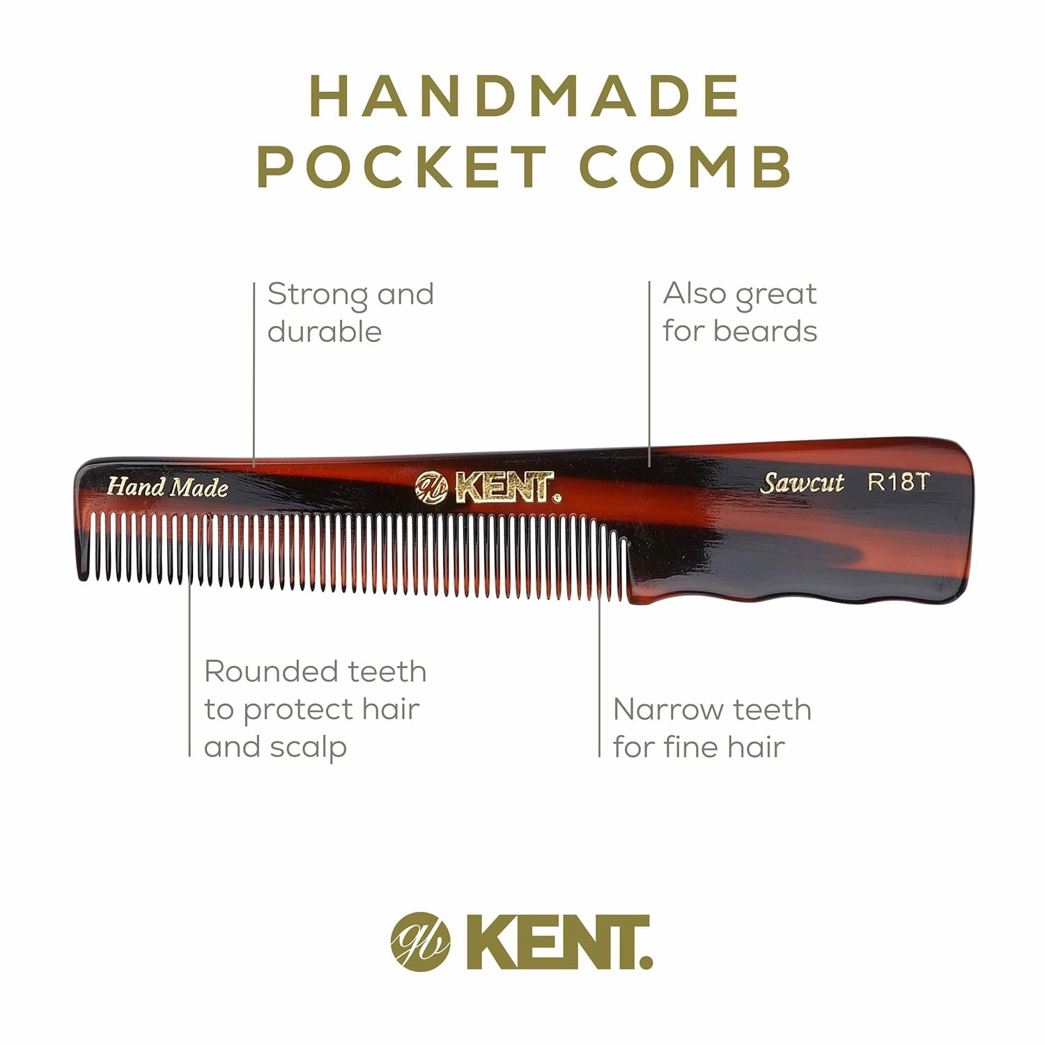 Kent R18T Fine Tooth Comb for Men - Handmade Hair Comb for Styling with Thumb Grip, Saw Cut and Hand Polished, Made in England