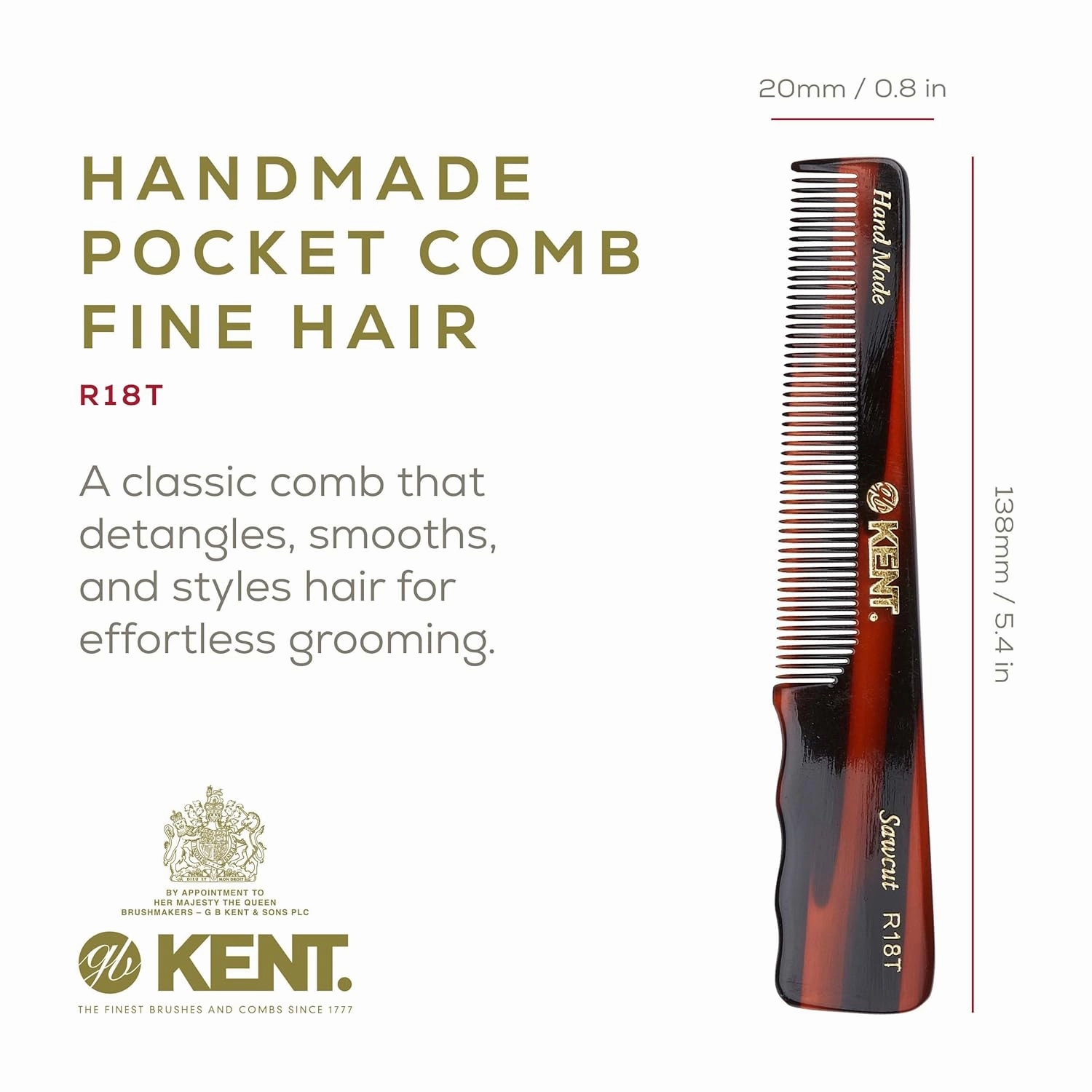 Kent R18T Fine Tooth Comb for Men - Handmade Hair Comb for Styling with Thumb Grip, Saw Cut and Hand Polished, Made in England